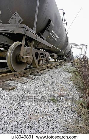 Stock Image - Low angle of bottom of train of train tracks, Hamilton, Ontario. Fotosearch
