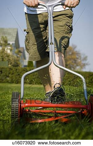 Stock Image - Mowing lawn with a reel mower, for exercise and to reduce energy use, Regina, Saskatchewan. Fotosearch
