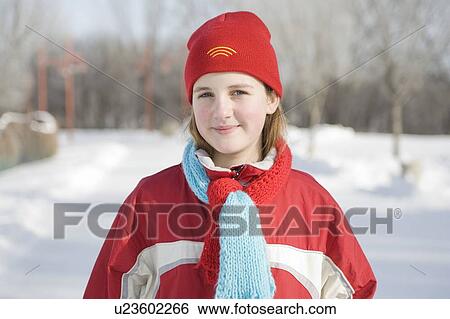 Portrait of 13 year-old girl with red woolen hat outdoor in winter, Winnipeg, Canada View Large Photo Image Stock Photograph - Portrait of 13 year-old girl with red woolen hat outdoor in winter, Winnipeg, Canada. Fotosearch