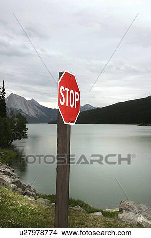Picture - Stop Sign, Medicine Lake, Jasper National Park. Fotosearch