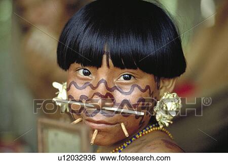 Stock Photograph - Yanomami young girl after painting, south of Venezuela. Fotosearch