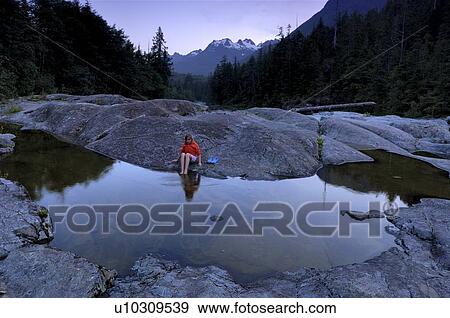 Stock Photo - Young girl sitting by pond by river, Vancouver Island, Canada. Fotosearch