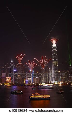 Picture - 2007 New Years Eve Fireworks Celebration, Hong Kong, Hong Kong Island skyline at night. Fotosearch