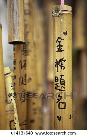 Stock Image - Bamboo Wish Notes hanging, Taiwan. Fotosearch