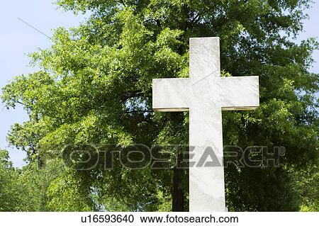 Stock Image - Cross in graveyard again green tree.. Fotosearch