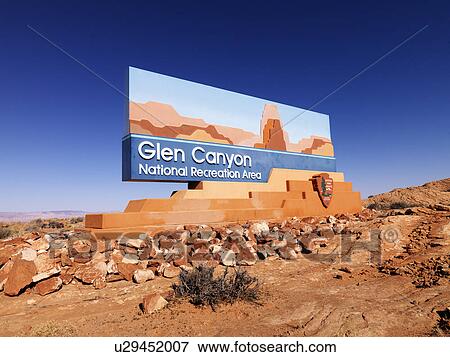 Stock Photo - Landscape of Glen Canyon National Recreation entrance sign in Arizona, United States. Fotosearch