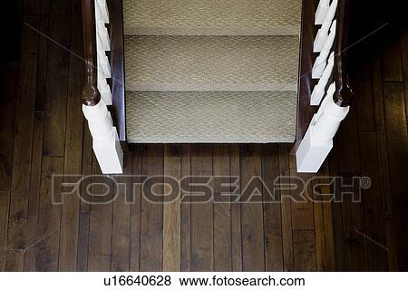 Stock Photo - Aerial view traditional carpeted staircase and hardwood floor. Fotosearch