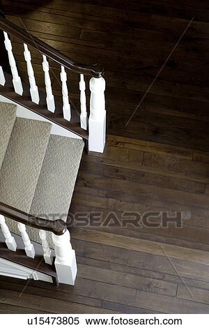 Aerial view traditional carpeted staircase and hardwood floor View Large Photo Image Stock Photography - Aerial view traditional carpeted staircase and hardwood floor. Fotosearch