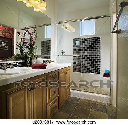 Stock Photo - Bathroom with Tiled Shower. Fotosearch