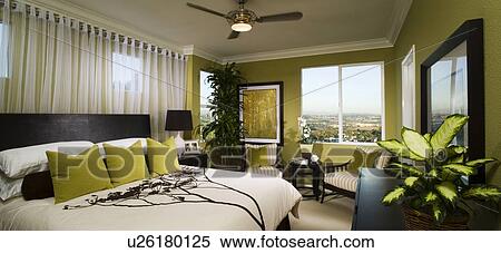 Stock Photography - Bedroom with Green Accents, panoramic. Fotosearch