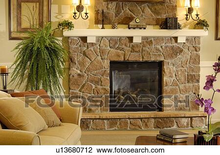 Close up of traditional living room with stone fireplace View Large Photo Image Stock Image - Close up of traditional living room with stone fireplace. Fotosearch