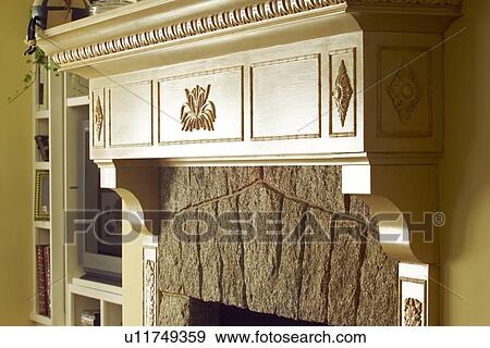 Stock Photo - Close up traditional fireplace mantle. Fotosearch