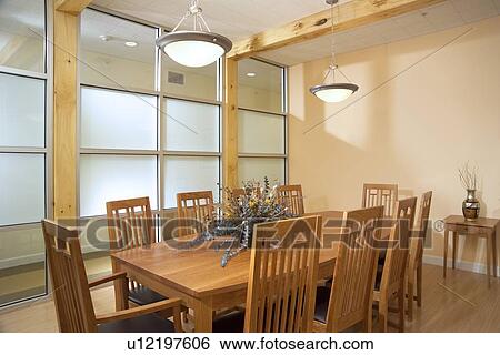 Stock Photograph - Contemporary dining room with mission style dining chairs. Fotosearch