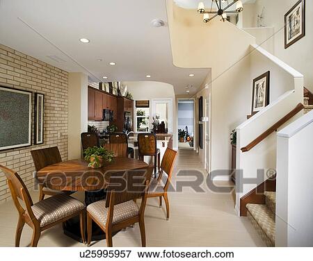 Contemporary Dining Room with Wood Table View Large Photo Image Stock Photo - Contemporary Dining Room with Wood Table. Fotosearch
