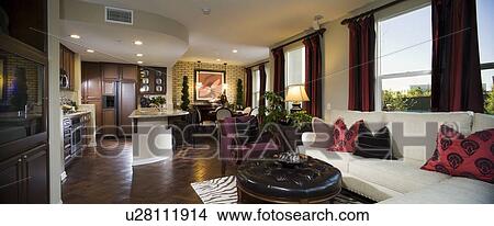 Contemporary Living Room and Kitchen View Large Photo Image Picture - Contemporary Living Room and Kitchen. Fotosearch