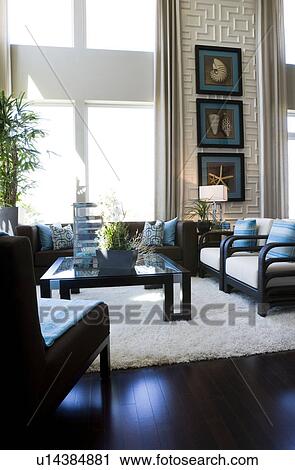 Contemporary loft style living room with area rug View Large Photo Image Stock Image - Contemporary loft style living room with area rug. Fotosearch