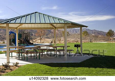 Stock Photo - Contemporary picnic pavilion at park. Fotosearch