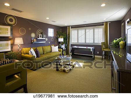 Contemporary purple and green game room View Large Photo Image Stock Image - Contemporary purple and green game room. Fotosearch