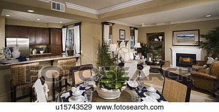 Contemporary view of kitchen living and dining areas of home, panoramic View Large Photo Image Stock Photo - Contemporary view of kitchen living and dining areas of home, panoramic. Fotosearch