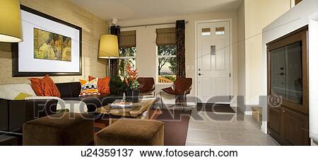 Cozy Living Room with Bright Accents View Large Photo Image Stock Photo - Cozy Living Room with Bright Accents. Fotosearch