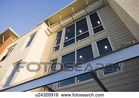 Detail front exterior contemporary loft style condo View Large Photo Image Stock Photo - Detail front exterior contemporary loft style condo. Fotosearch