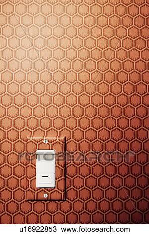 Stock Image - Detail of printed wall paper and light switch. Fotosearch