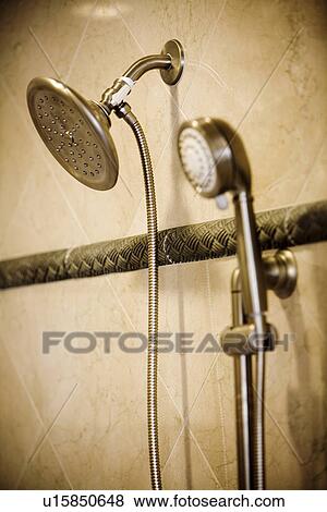Detail of showerhead and detachable shower head View Large Photo Image Stock Photo - Detail of showerhead and detachable shower head. Fotosearch