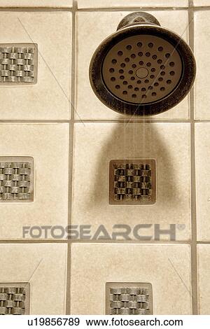 Detail running showerhead in tile shower View Large Photo Image Stock Photo - Detail running showerhead in tile shower. Fotosearch