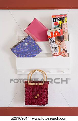 Detail wall organizer on wall with purse and magazines View Large Photo Image Picture - Detail wall organizer on wall with purse and magazines. Fotosearch