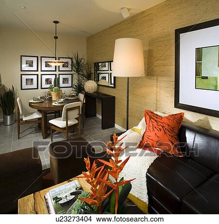 Dining Room and Living Room with Bright Accents View Large Photo Image Picture - Dining Room and Living Room with Bright Accents. Fotosearch