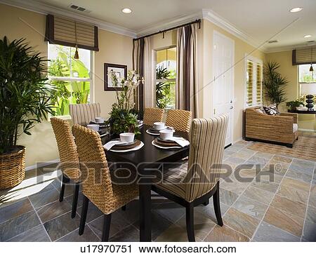 Dining room with tile floor and recessed lighting View Large Photo Image Stock Image - Dining room with tile floor and recessed lighting. Fotosearch