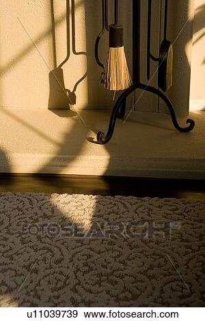 Fireplace Accessory Tool Set Near Fireplace Stock Photo