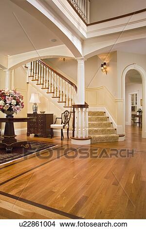 Picture - Foyer with maple hardwood floors and carpeted staircase. Fotosearch