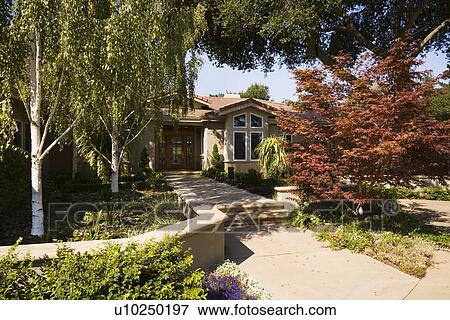 Stock Photo - Front walkway and landscaping to Spanish style home. Fotosearch