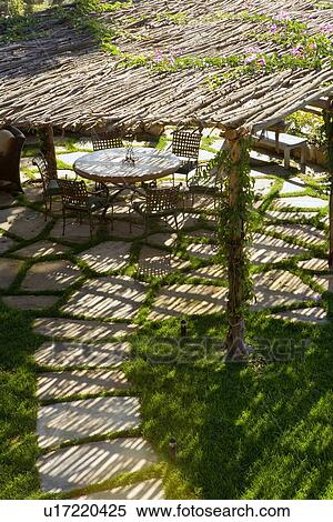High angle view of outdoor stone patio with a canopy made of branches View Large Photo Image Stock Photography - High angle view of outdoor stone patio with a canopy made of branches. Fotosearch