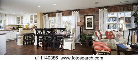 Kitchen, dining, living room panoramic with brick wall View Large Photo Image Stock Photograph - Kitchen, dining, living room panoramic with brick wall. Fotosearch