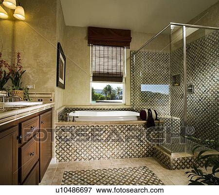 Stock Photo - Large Master Bathroom with Ornate Tile work. Fotosearch