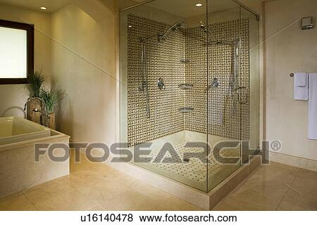Modern seamless glass shower with double shower heads View Large Photo Image Stock Photo - Modern seamless glass shower with double shower heads. Fotosearch
