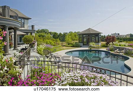 Rear exterior large neo eclectic home with swimming pool View Large Photo Image Stock Photography - Rear exterior large neo eclectic home with swimming pool. Fotosearch