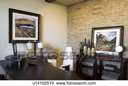 Small home office with brick wall View Large Photo Image Stock Photo - Small home office with brick wall. Fotosearch