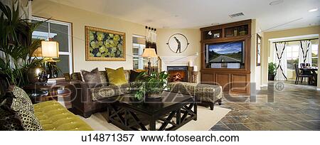 Spacious living room with tile floor, fireplace and sofas, Panoramic View Large Photo Image Stock Photo - Spacious living room with tile floor, fireplace and sofas, Panoramic. Fotosearch