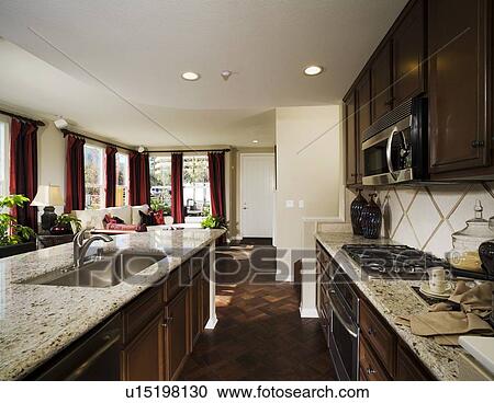 Traditional kitchen with parquet wood flooring View Large Photo Image Stock Image - Traditional kitchen with parquet wood flooring. Fotosearch