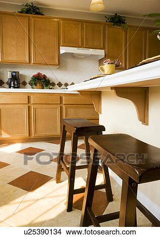 Two wooden stools at breakfast bar in kitchen View Large Photo Image Picture - Two wooden stools at breakfast bar in kitchen. Fotosearch