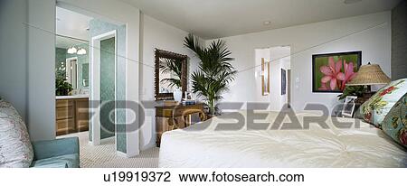 White Master bedroom and turquoise bathroom, panoramic View Large Photo Image Stock Image - White Master bedroom and turquoise bathroom, panoramic. Fotosearch