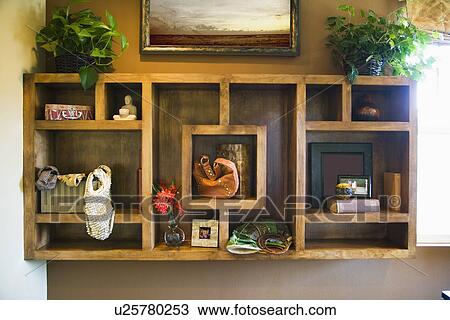 Wooden display shelf cluttered with things View Large Photo Image Stock Image - Wooden display shelf cluttered with things. Fotosearch