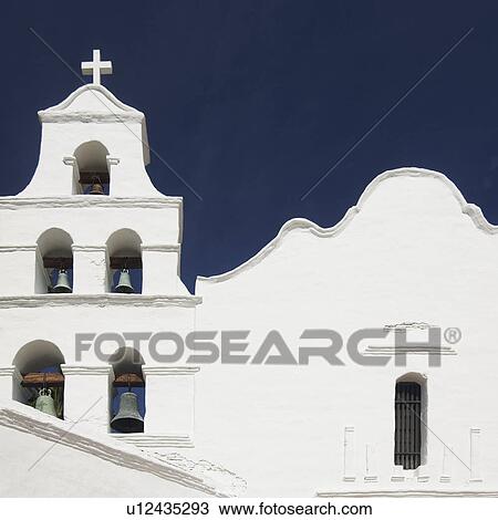 Stock Image - Building facade and church bells, Mission San Diego de Alcala, San Diego, California, United States. Fotosearch