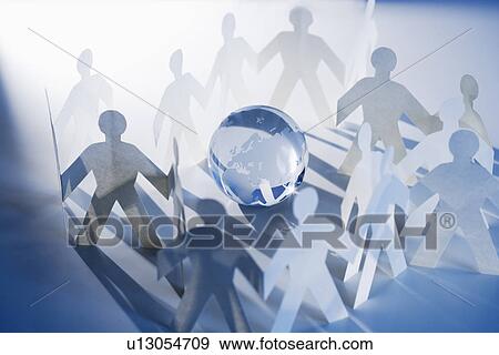 Stock Photo - Chain of paperdoll cutouts with globe in center. Fotosearch
