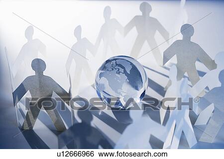Chain of paperdoll cutouts with globe in center View Large Photo Image Stock Photograph - Chain of paperdoll cutouts with globe in center. Fotosearch