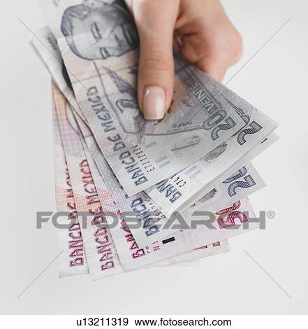 Close up studio shot of woman's hand holding Mexican money View Large Photo Image Stock Photo - Close up studio shot of woman's hand holding Mexican money. Fotosearch