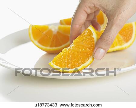 Stock Image - Closeup of plate of orange slices . Fotosearch